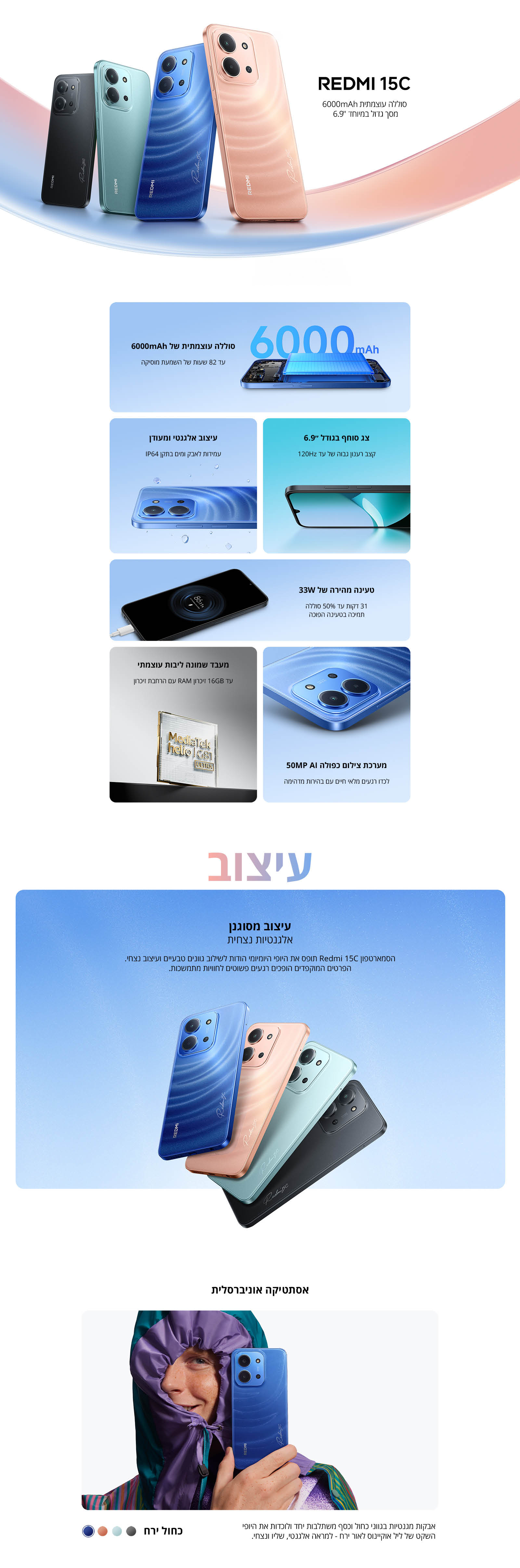 סמארטפון Redmi 15C NFC גרסה 4GB+128GB בצבע כחול
