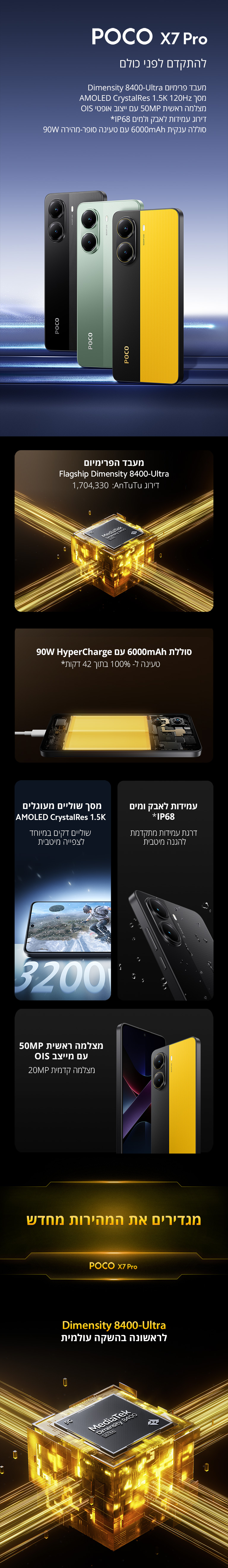 סמארטפון POCO X7 Pro 5G גרסה 12GB+512GB בצבע צהוב - Xiaomi